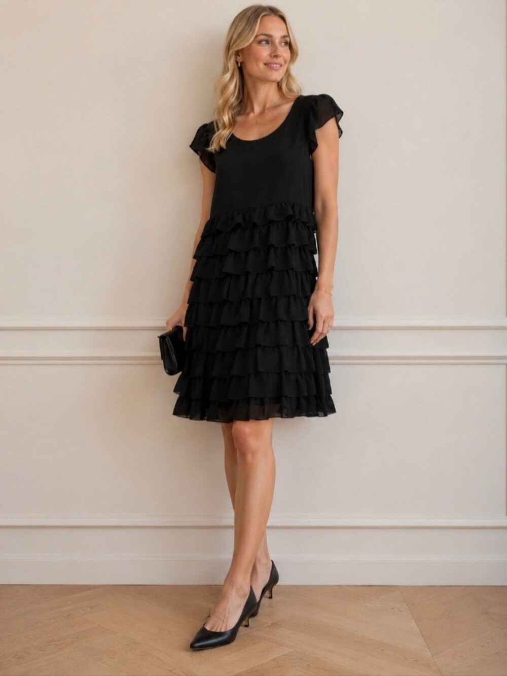 Kensie Black Silk Ruffle Tiered A-Line Cap Sleeve Dress Size Large NEW NWT